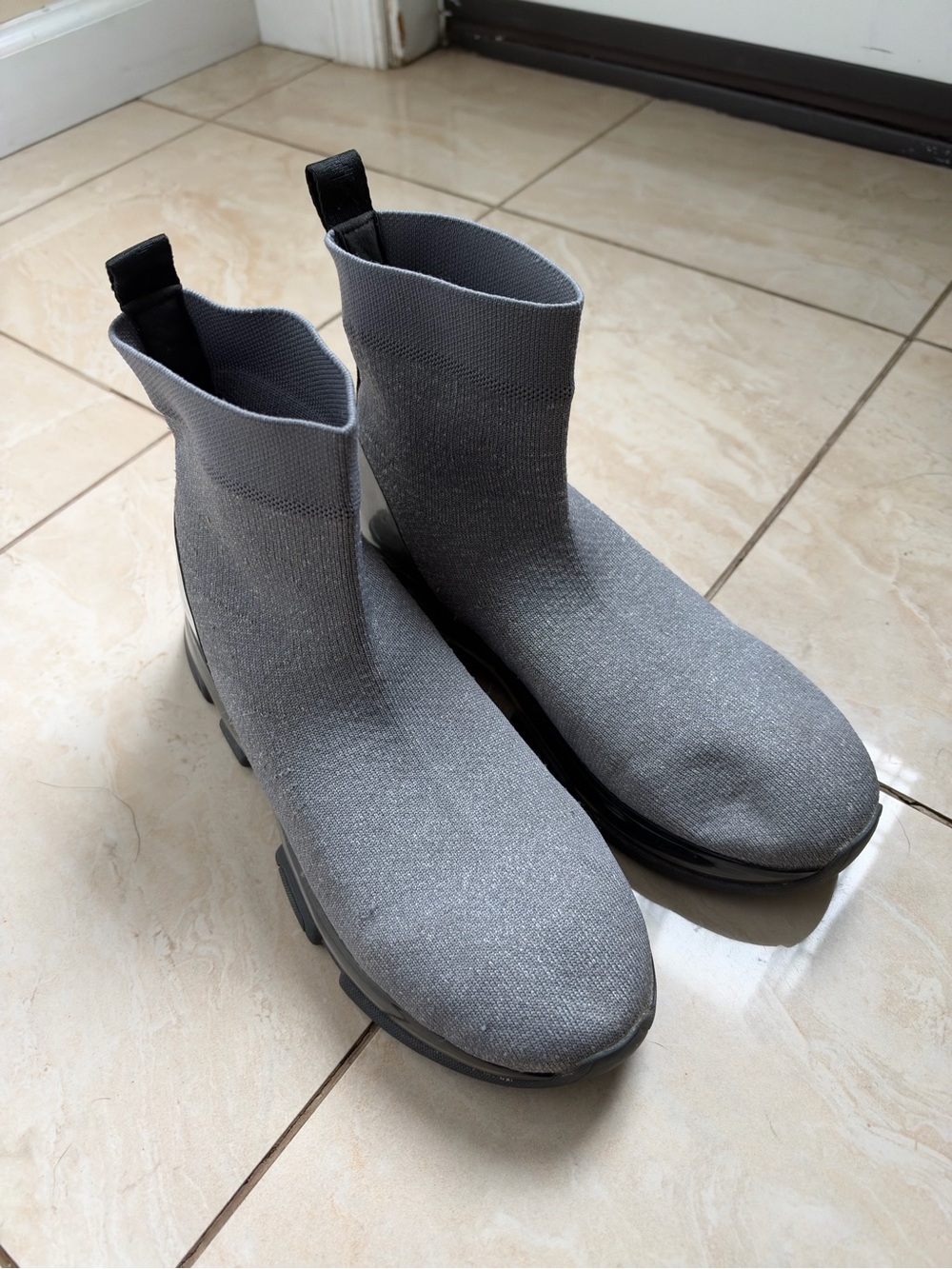 Michael Kors Gray Knit Sock Ankle Boots with Black Pull Tabs